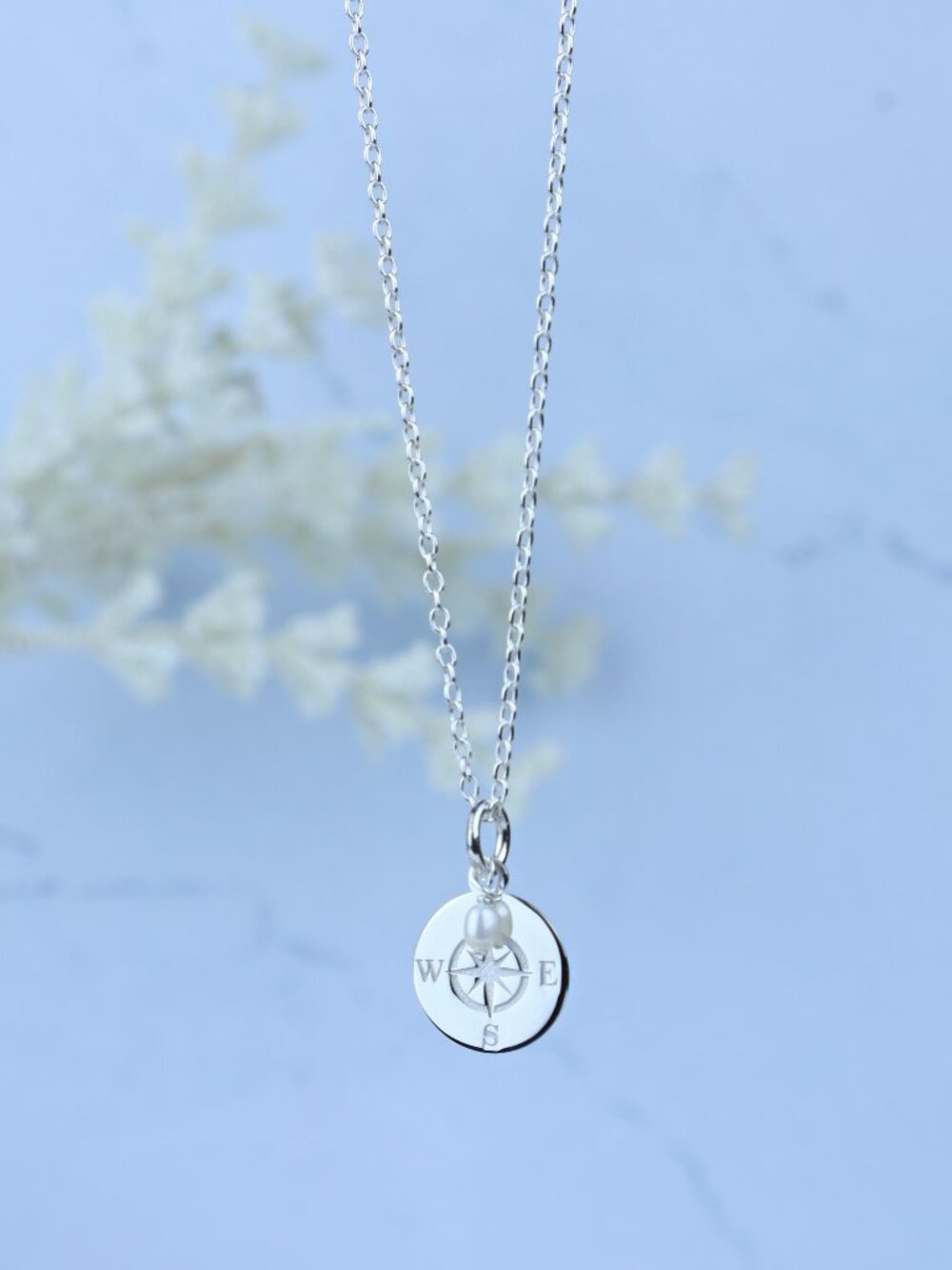 Sterling Compass Pearl Pendant Necklace (Rosa Perlina)
